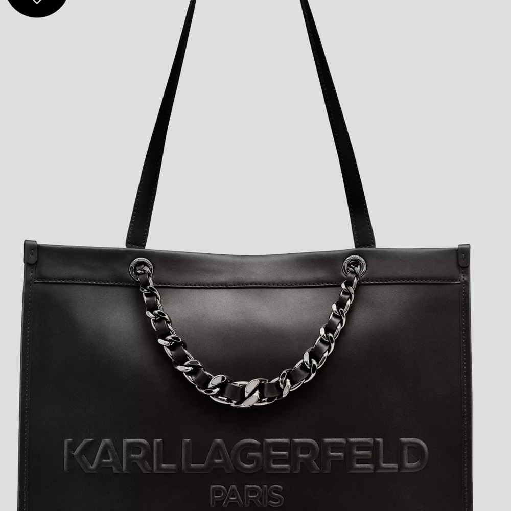 Karl Lagerfeld Black Leather Tote with Chain Accent